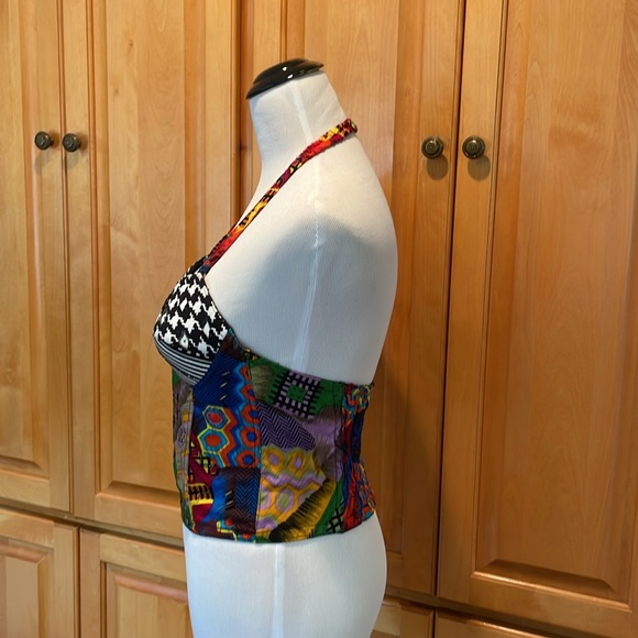 Vintage Vibe Boho Retro Beaded Bold Pattern Sebatu Hand- Print Halter Top Size M - Picture 5 of 11